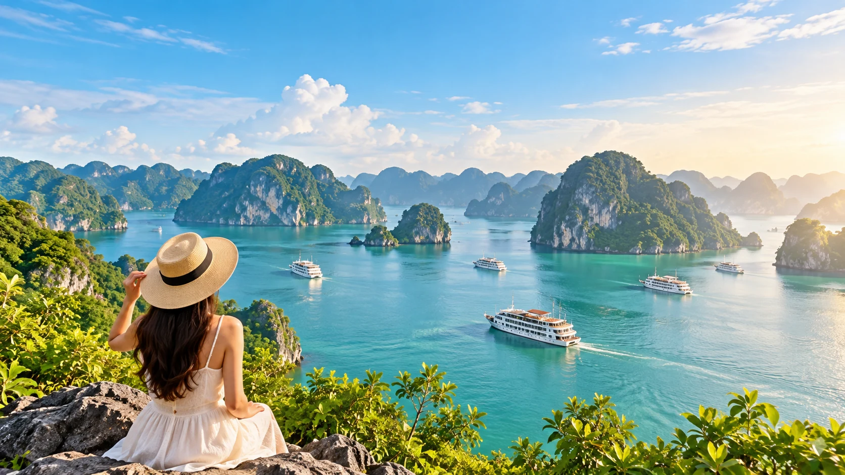 Vịnh biển Việt Nam với đảo núi đá vôi và thuyền du lịch